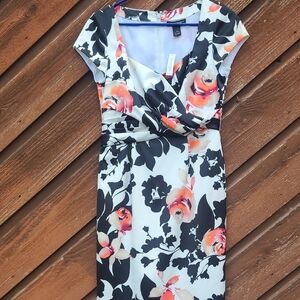 NWT White House Black Market Black Cream and Coral Floral Sheath Midi Dress